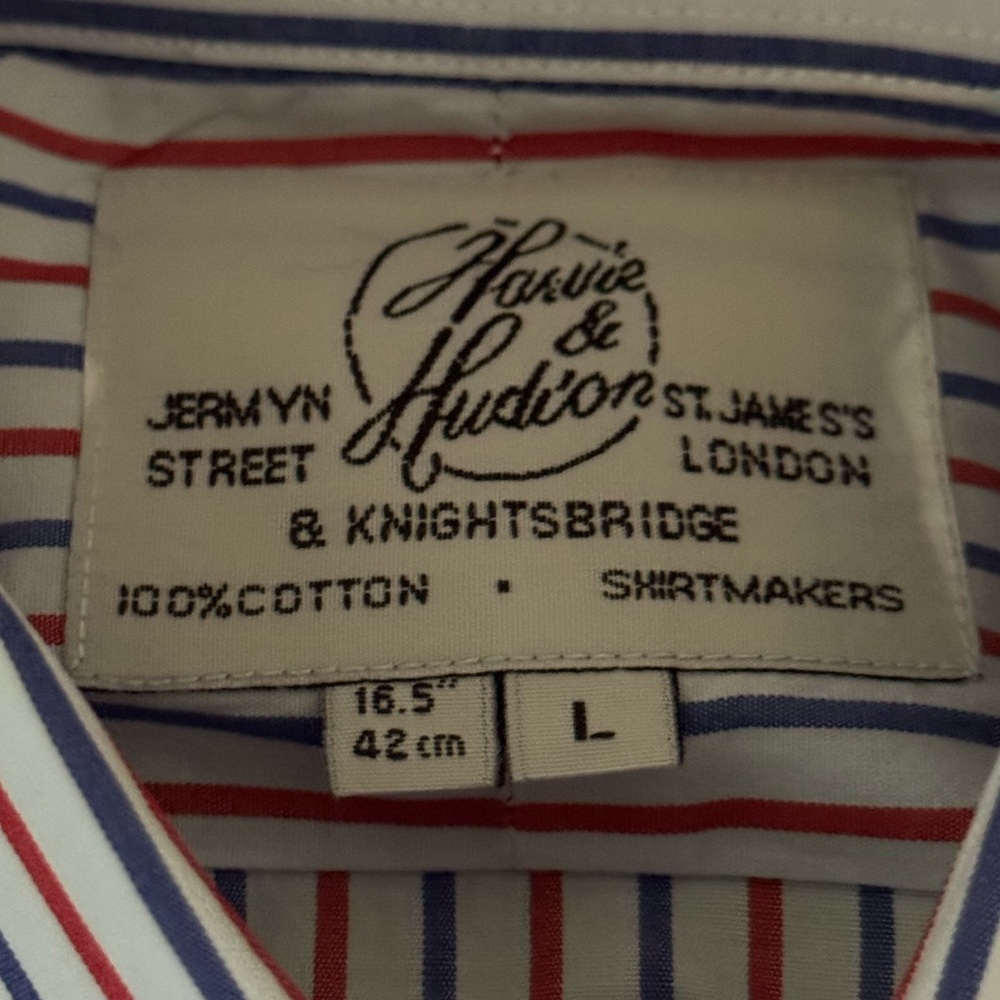 Elegant Red and Blue Striped Dress Shirt with Classic Collar